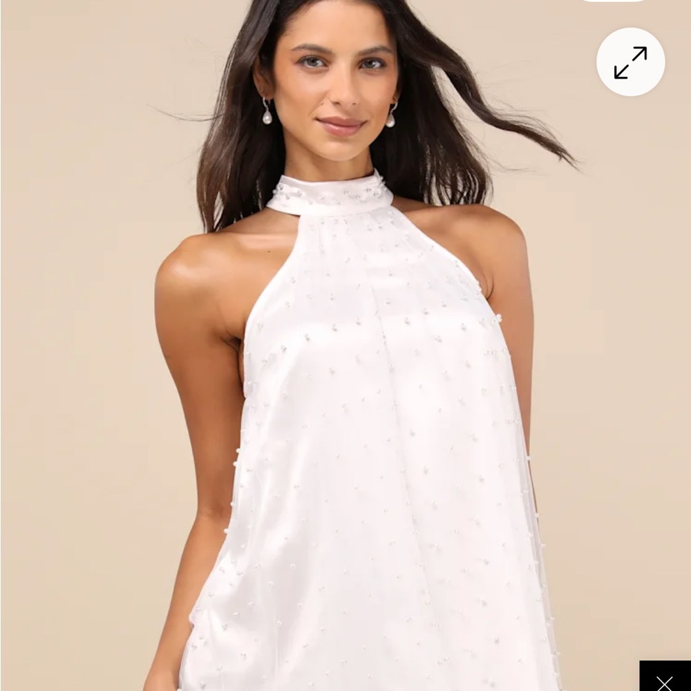 Lulus NWT Timeless Glow Blush Mesh Pearl Mock Neck Shift Mini Dress | SIZE L